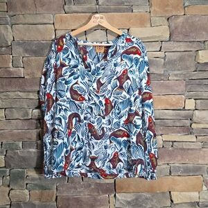 tory burch koi fish print cotton tunic blouse woman’s size 8/ Medium